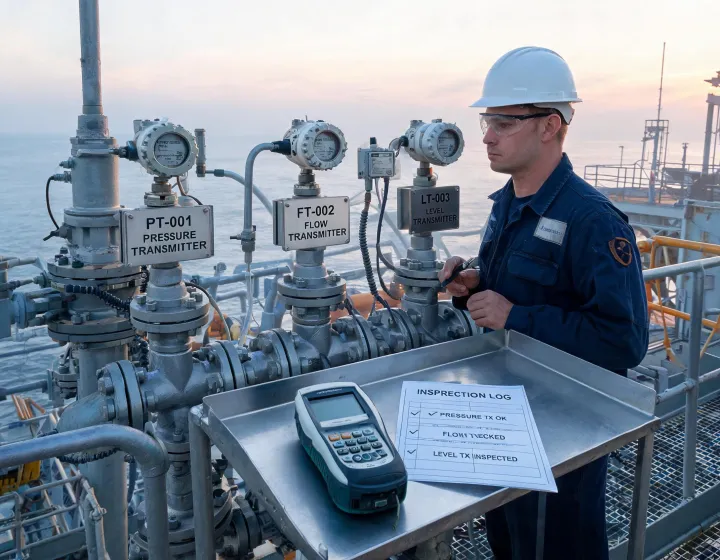 Process plant operator beside offshore wellhead instrumentation